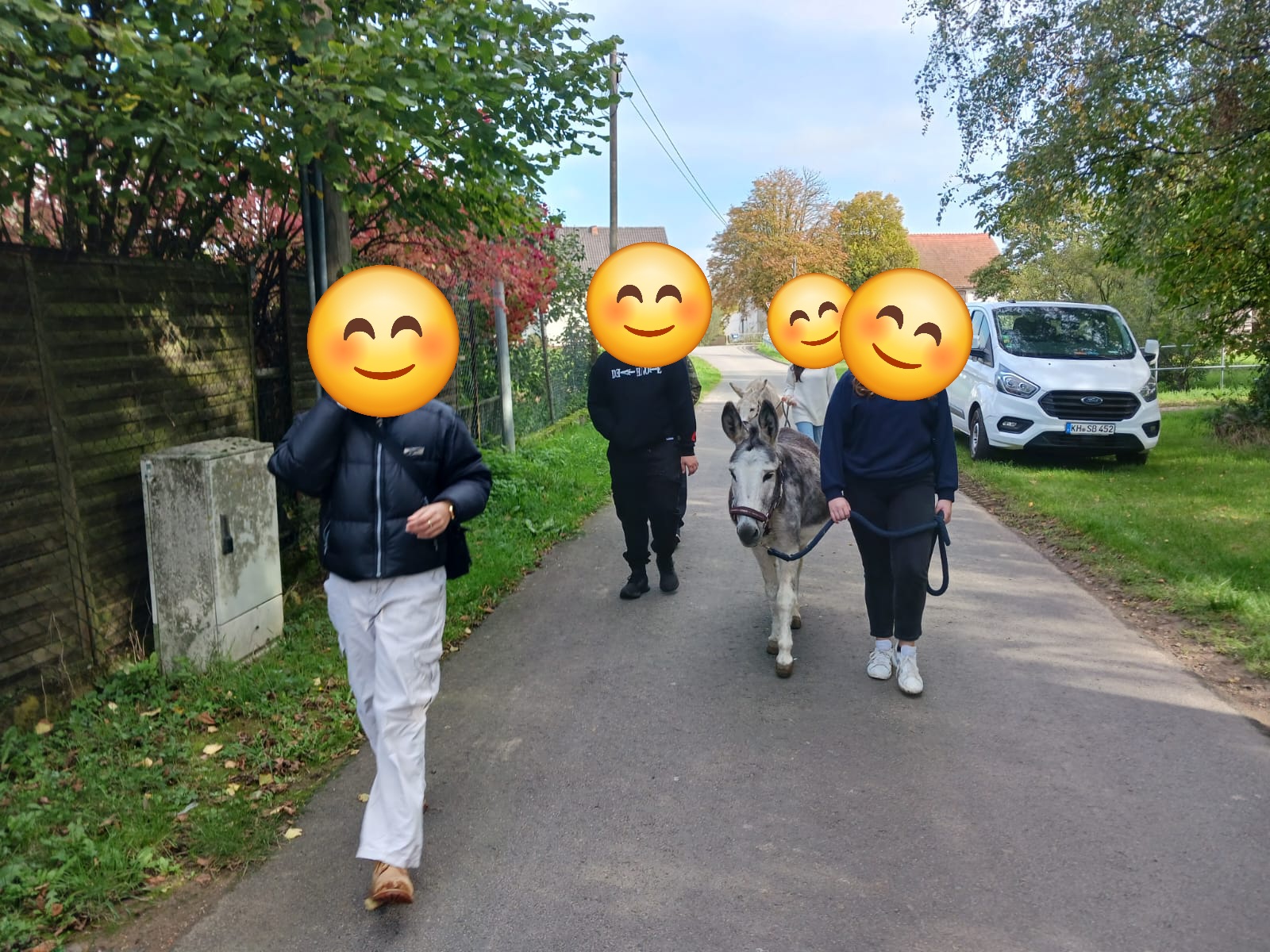 Menschen führen einen Esel auf einem Dorfweg. 